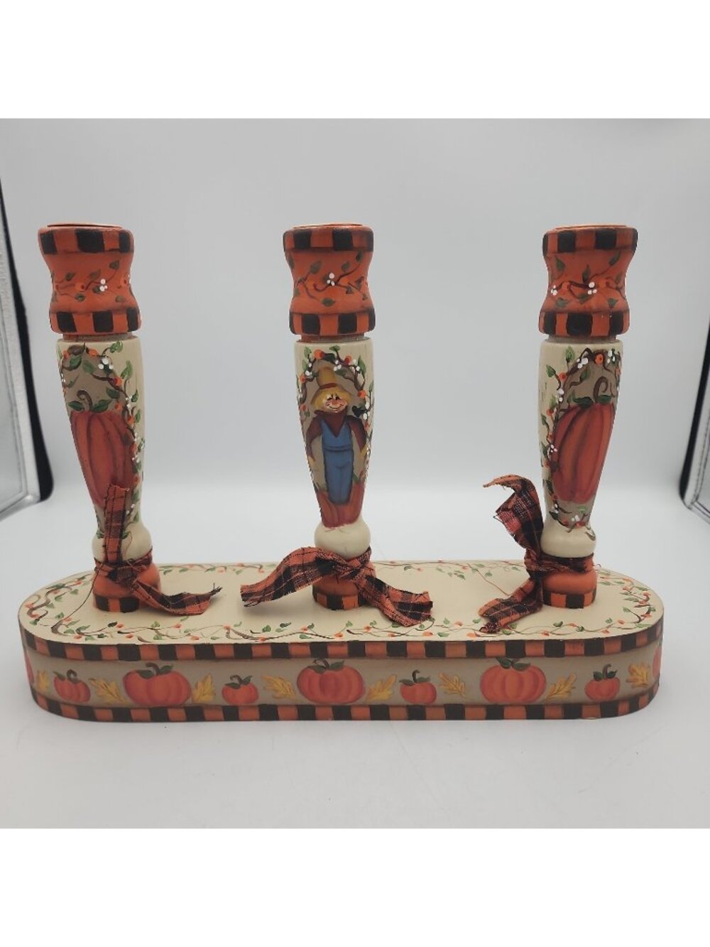 Vintage Hand Painted Autumn 3 Candle Holder Folk Art Wood Fall Center Piece